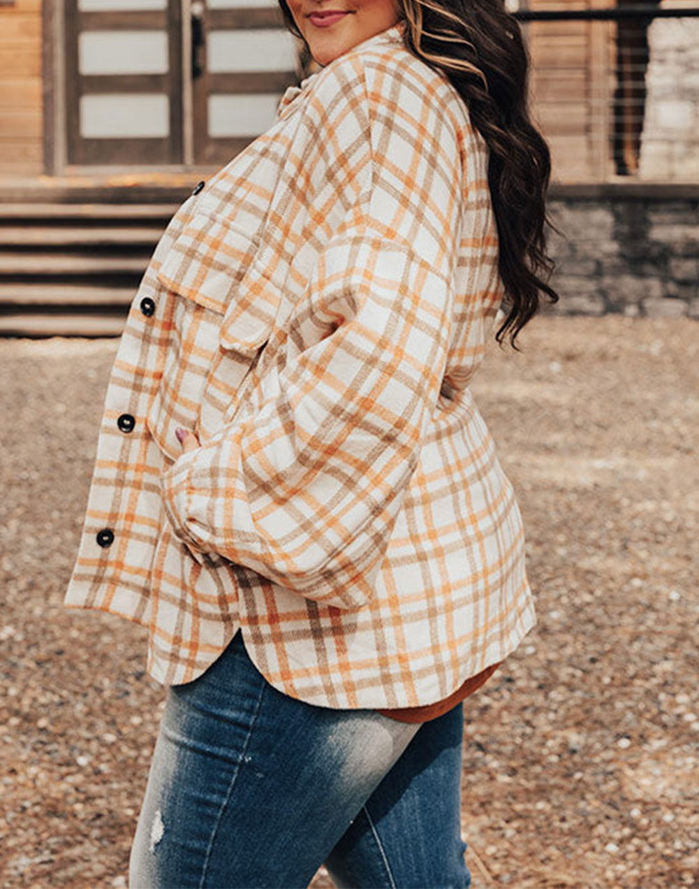 Plus Size Plaid Jacket with Flap Pockets
