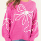 Corded Flower Bow Ribbed Trim Casual Sweater