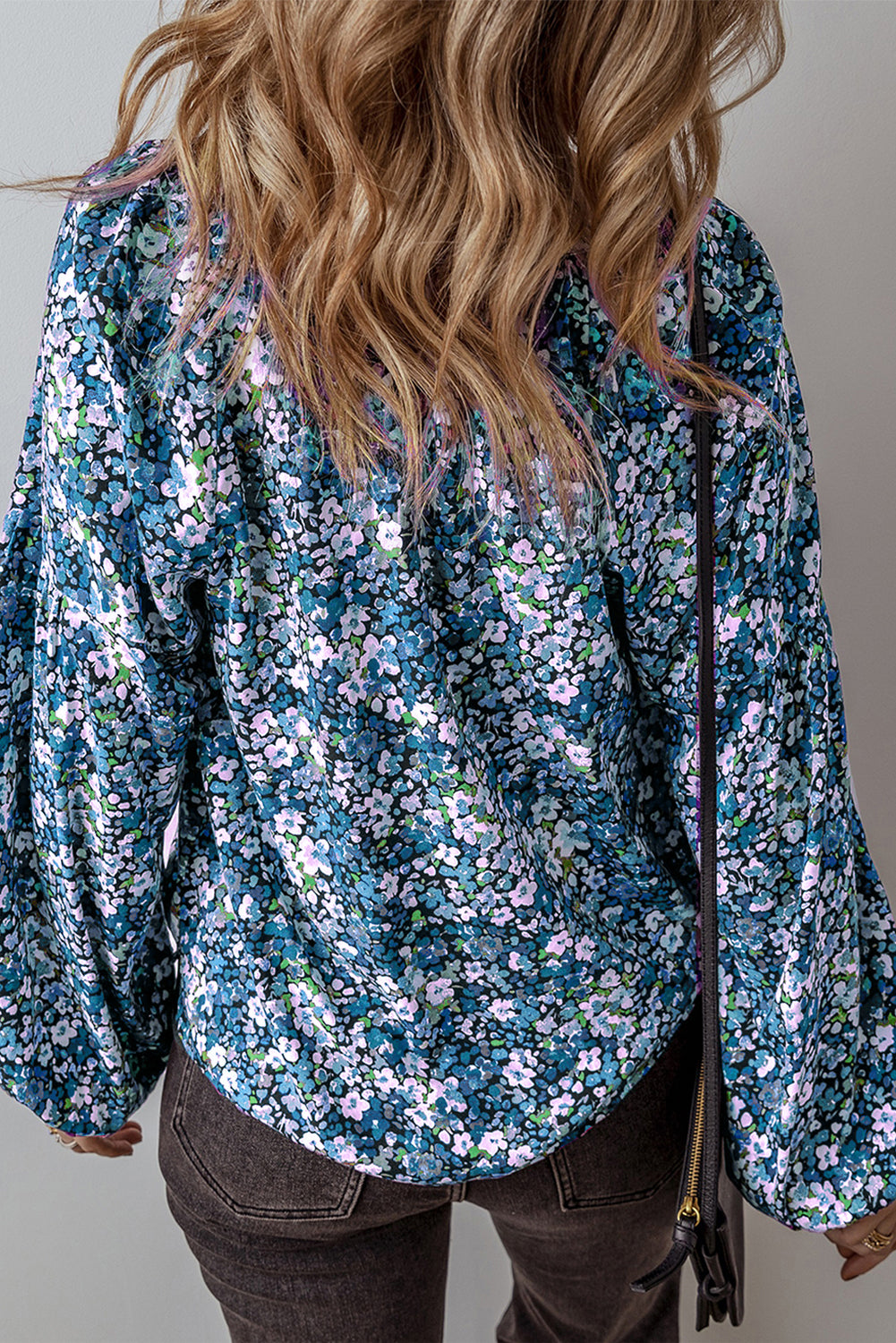 Boho Flower Split V Neck Bubble Sleeve Blouse