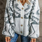 Geometric Pattern Ribbed Trim Button-Up Cardigan