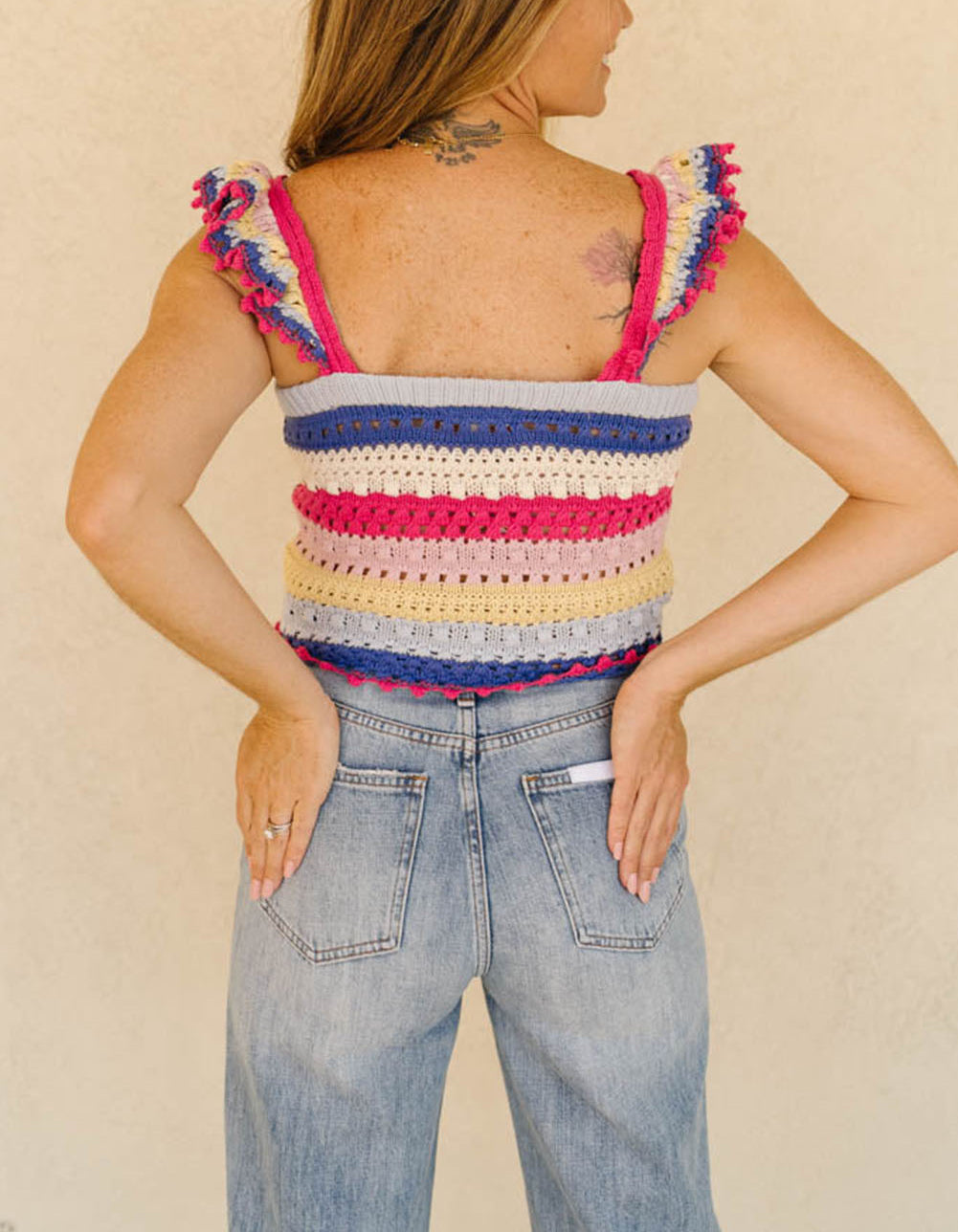 Stripe Square Neck Crochet Knit Crop Tank Top