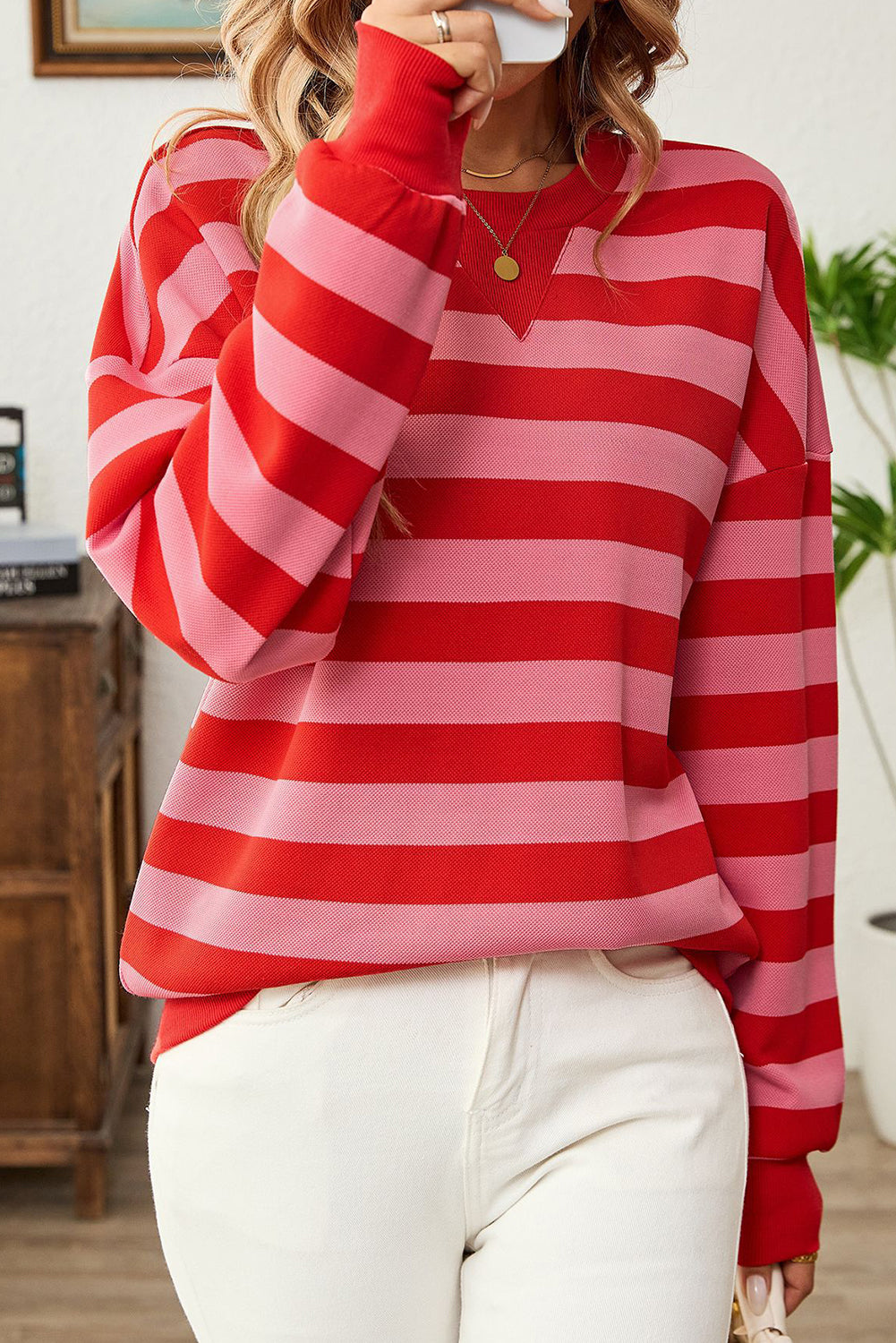 Stripe Long Sleeve Round Neck Drop Shoulder Top