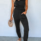 Shirred High Waist Sleeveless V Neck Jumpsuit