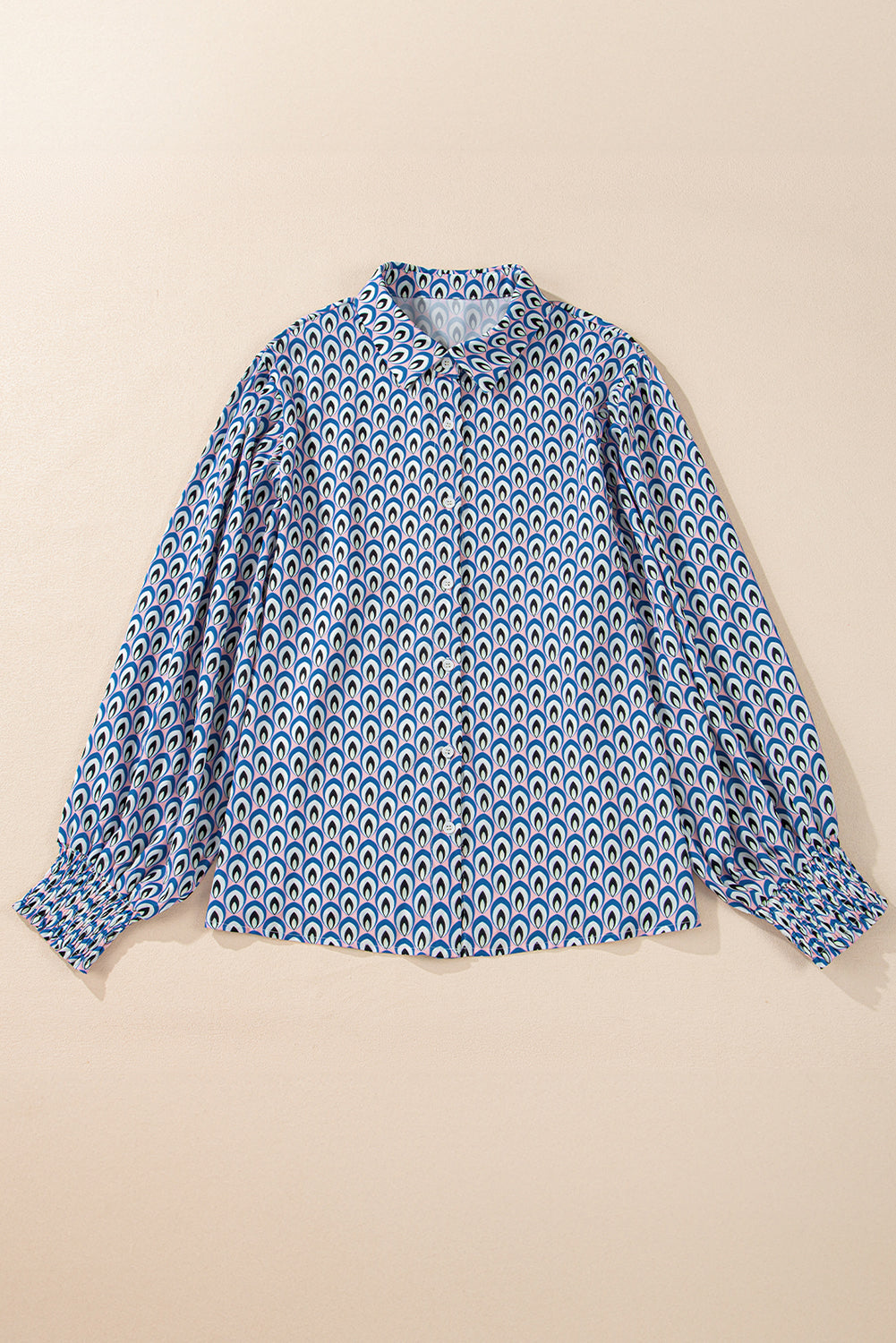 Abstract Print Shirred Cuff Buttoned Oversized Shirt