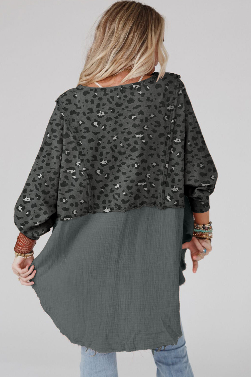 Raw Edge Leopard Patchwork Oversized Blouse