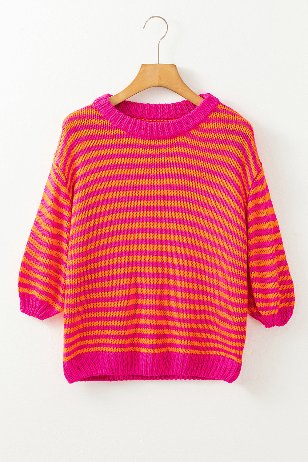 Stripe 3/4 Puff Sleeve Drop Shoulder Sweater