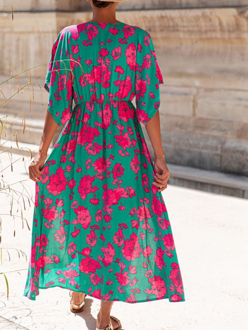 Printed V Neck Short Sleeve Split Flared Maxi Dress