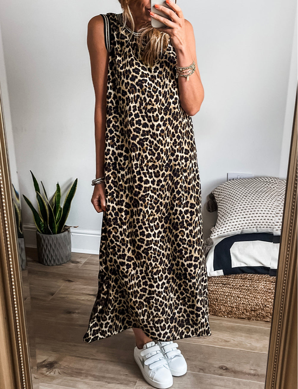 Contrast Striped Trim Leopard Sleeveless Maxi Dress