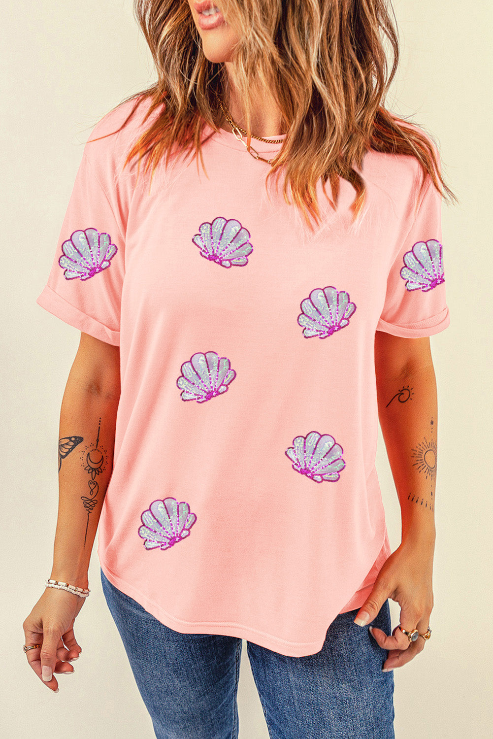 Sequin Shell Graphic Round Neck T Shirt