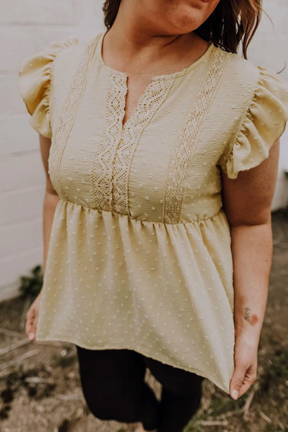 Plus Size Swiss Dot Lace Trim Split Neck Babydoll Top