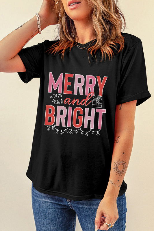 MERRY and BRIGHT Crew Neck Christmas Graphic Tee