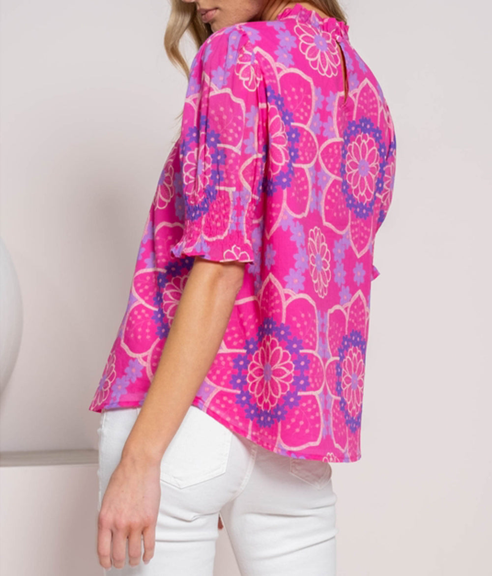 Floral Print Frilled Neck Smocked Puff Sleeve Blouse