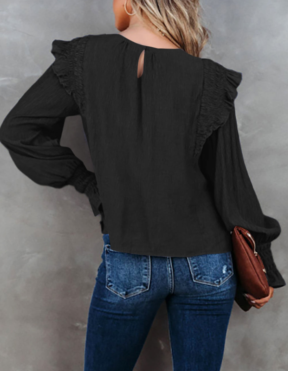 Crinkle Ruffle Trim Keyhole Puff Sleeve Blouse