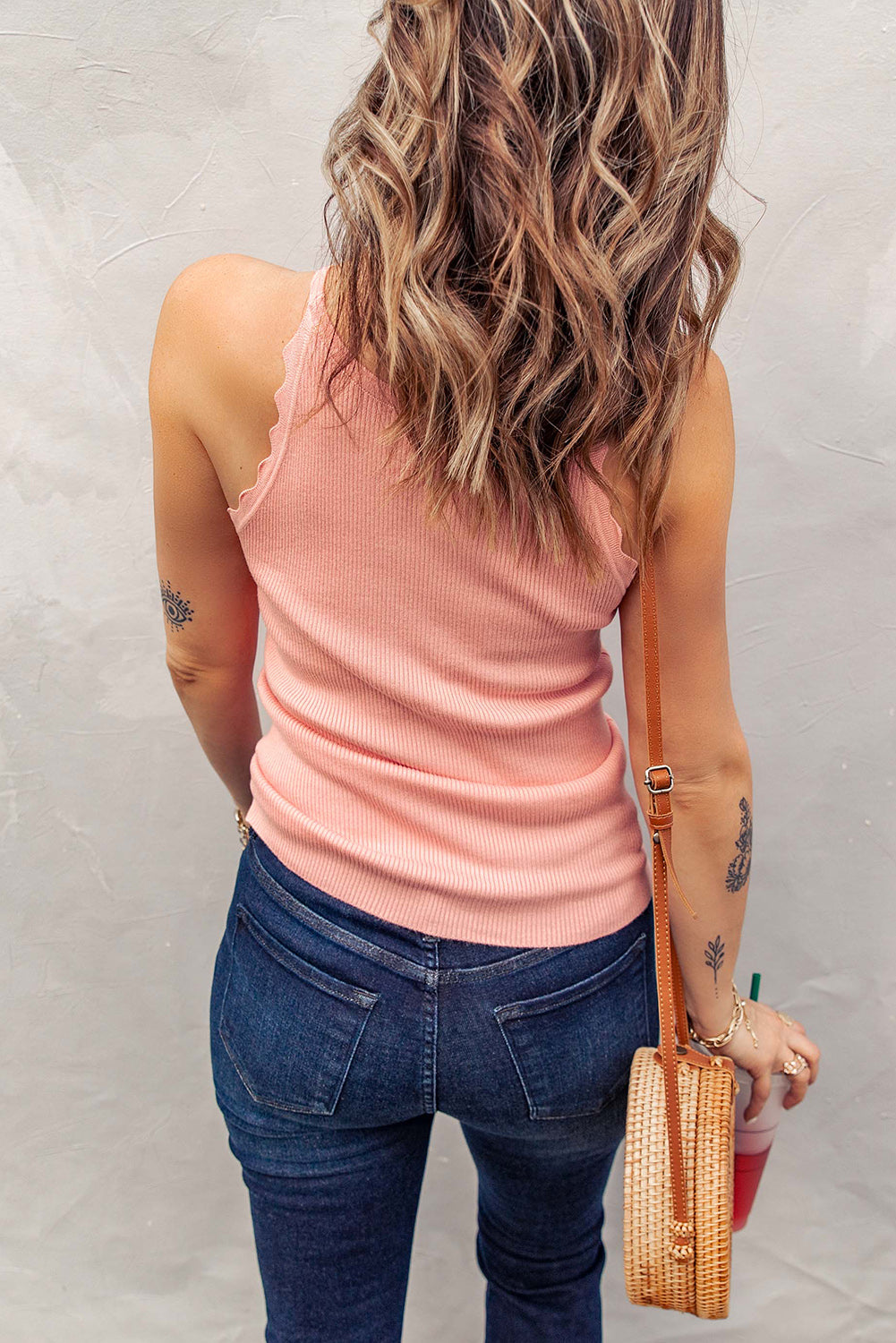 Scalloped Edge Rib Knit Sleeveless Tank Top