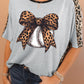 Leopard Bowknot Baseball Graphic Contrast Crewneck Tee