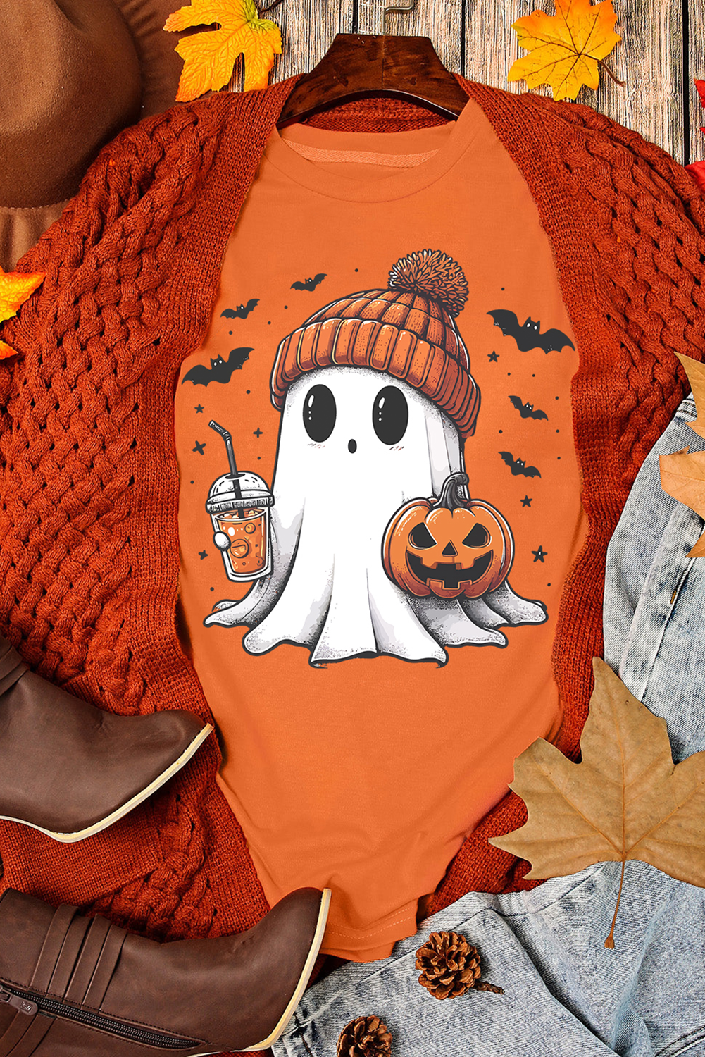 Cute Ghost Pumpkin Face Printed Halloween T Shirt