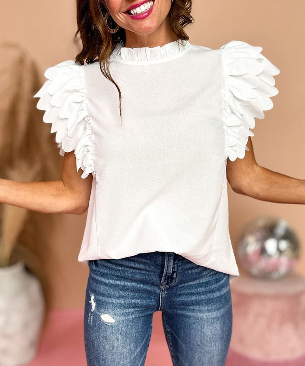 Solid Color Scalloped Ruffle Sleeve Top
