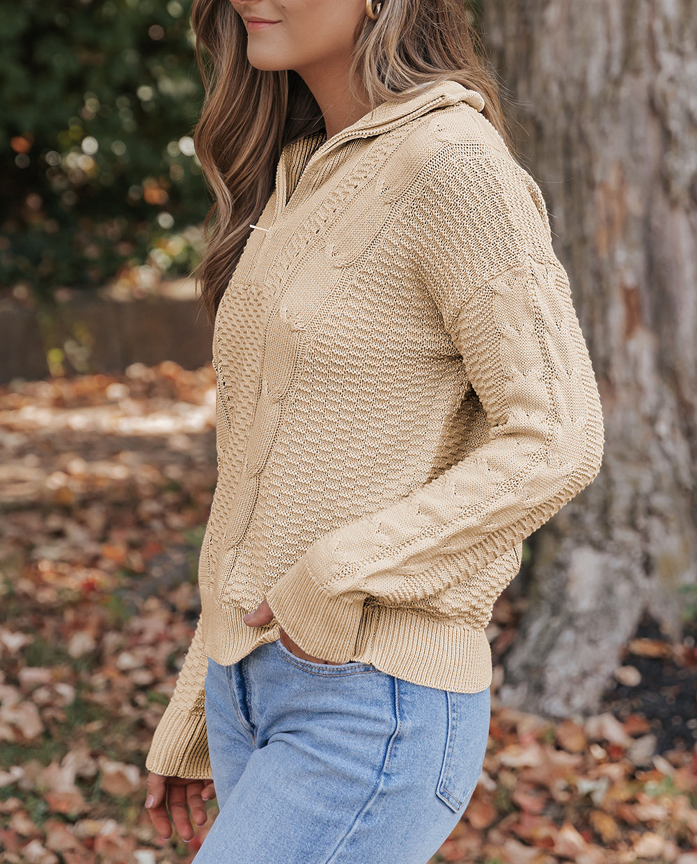 Zipped Stand Collar Cable Knit Sweater