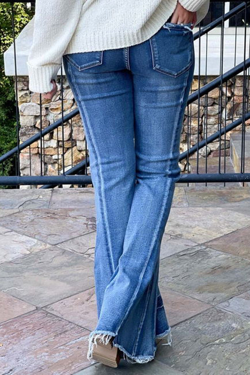Acid Wash Raw Hem Flared Jeans
