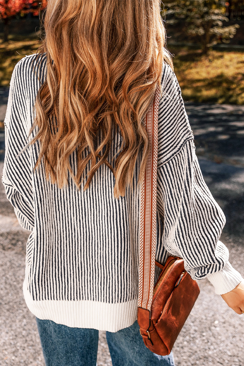 Striped Textured Knit Contrast Edge Loose Sweater