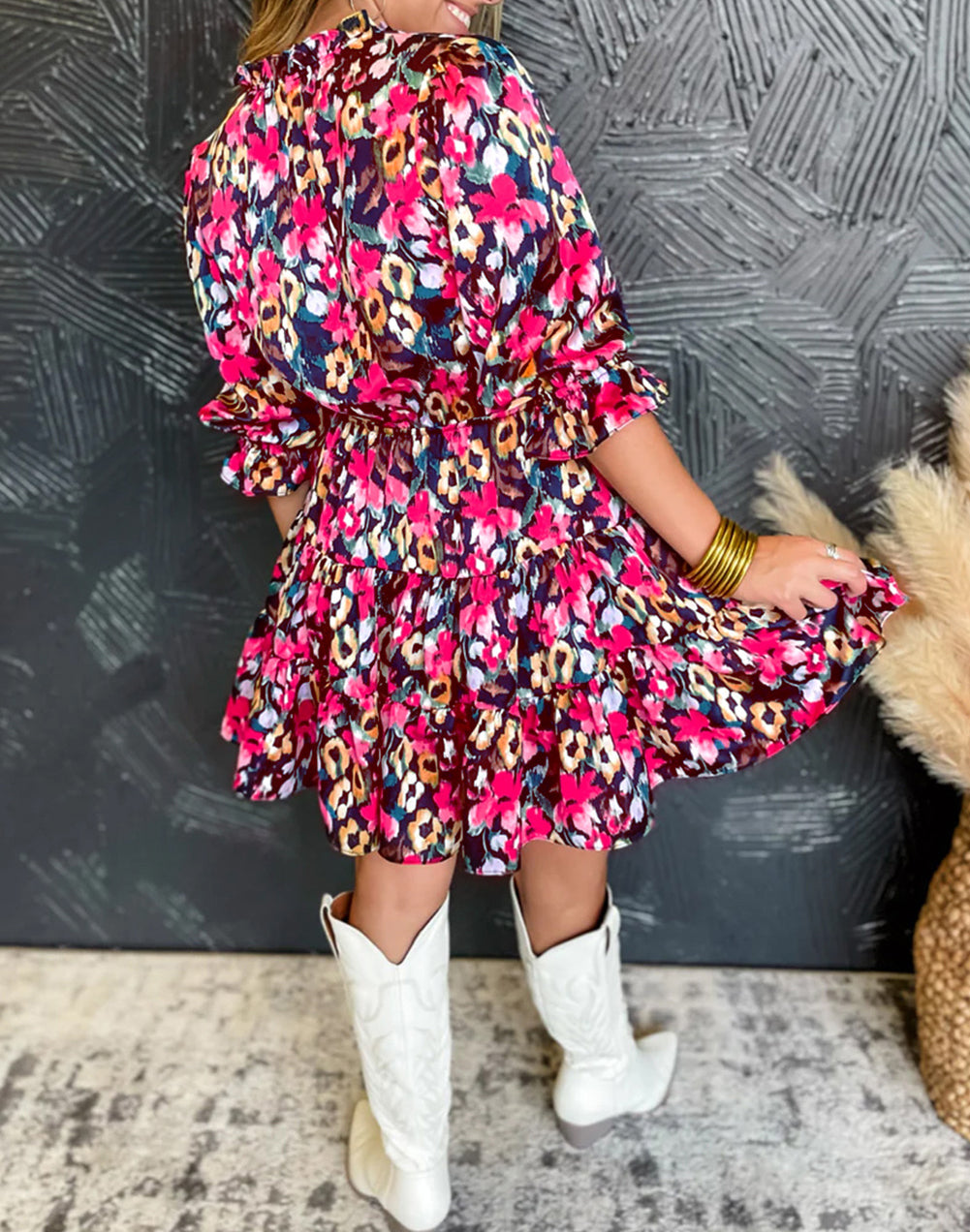 Floral Print Tiered Ruffled Half Sleeve V Neck Dress