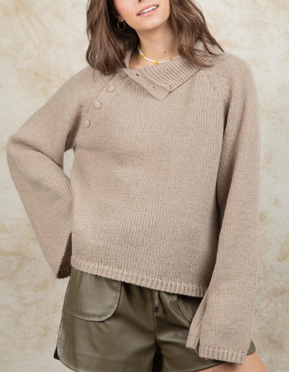 Wide Sleeve High Neck Side Buttoned Sweater