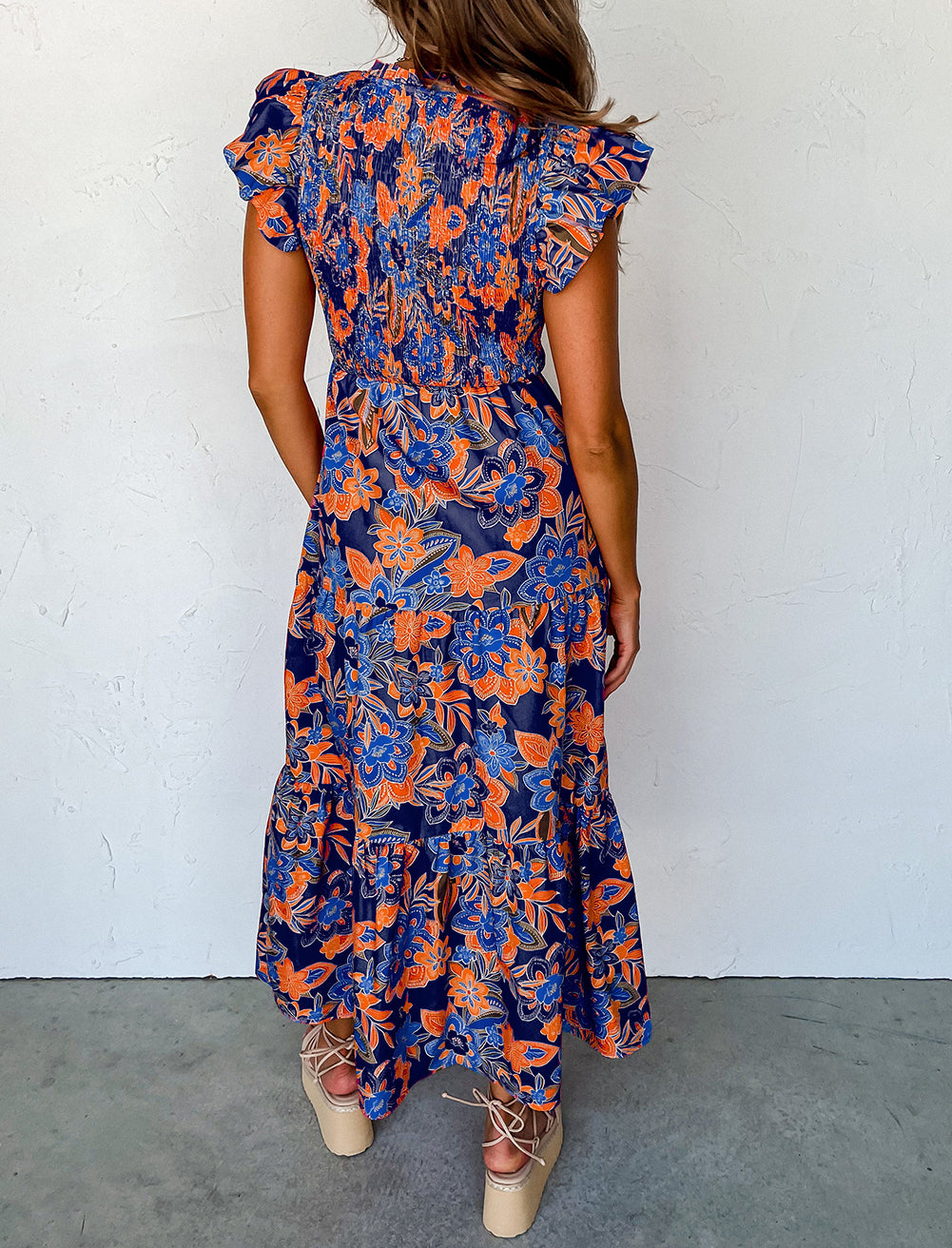 Boho Floral V Neck Ruffle Tiered Long Dress