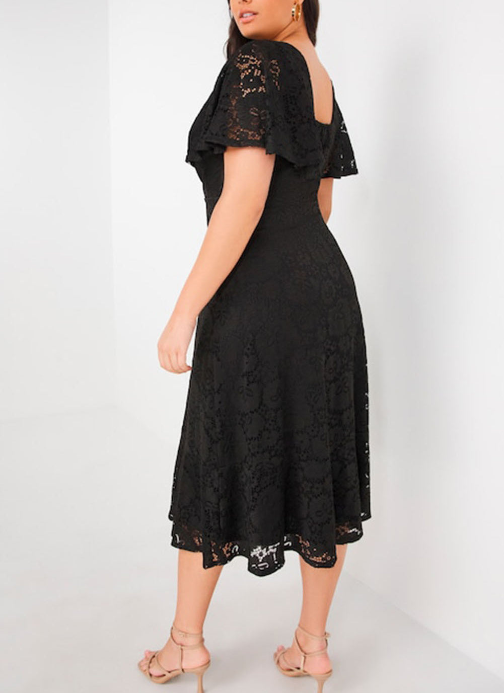 Plus Size Lace Flutter Sleeves Flare Midi Dress