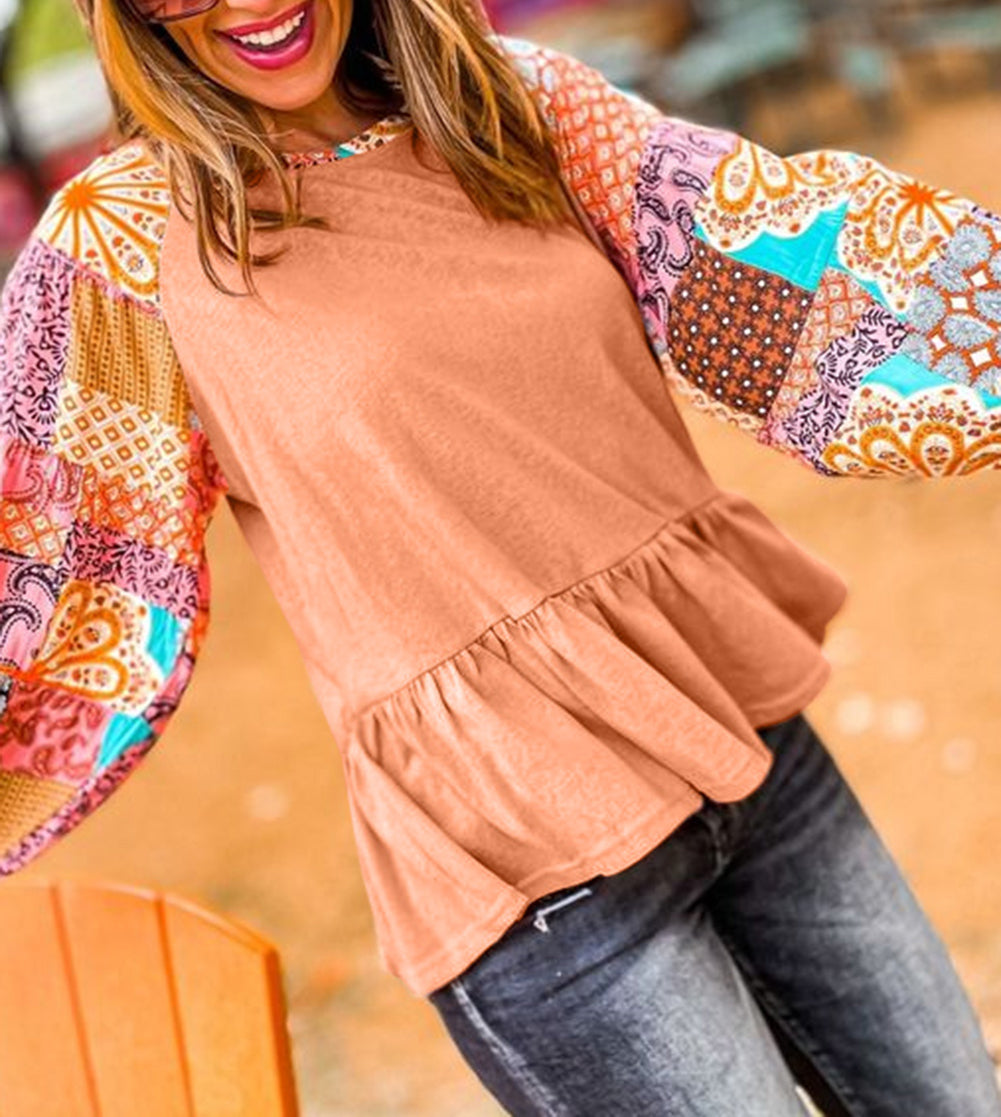 Boho Paisley Mix Print Raglan Sleeve Ruffled Blouse