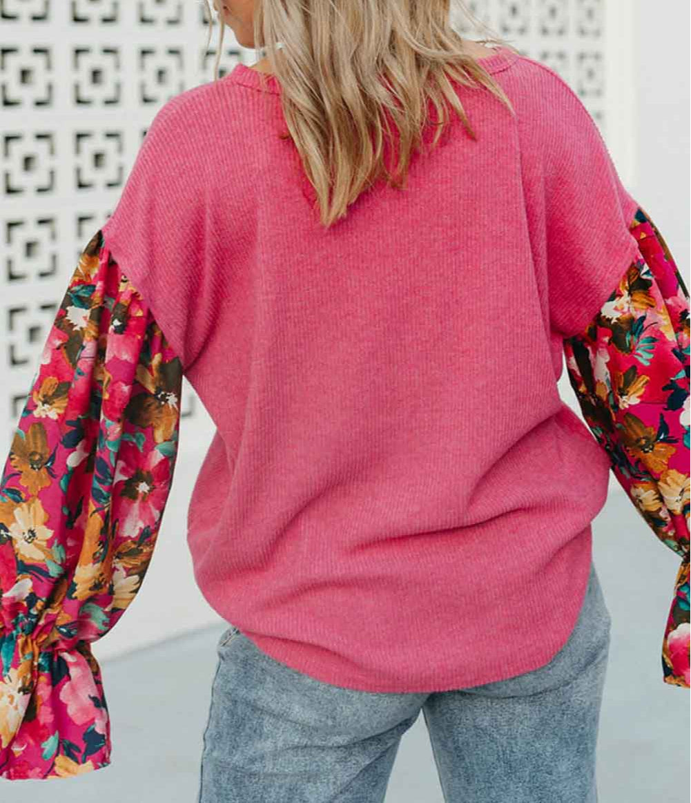 Floral Patchwork Flounce Sleeve Rib Knit Plus Top