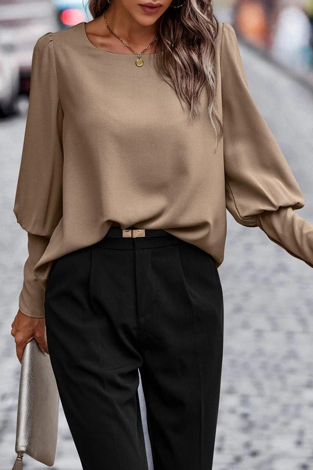 Plain Button Back Cuffed Puff Sleeve Blouse