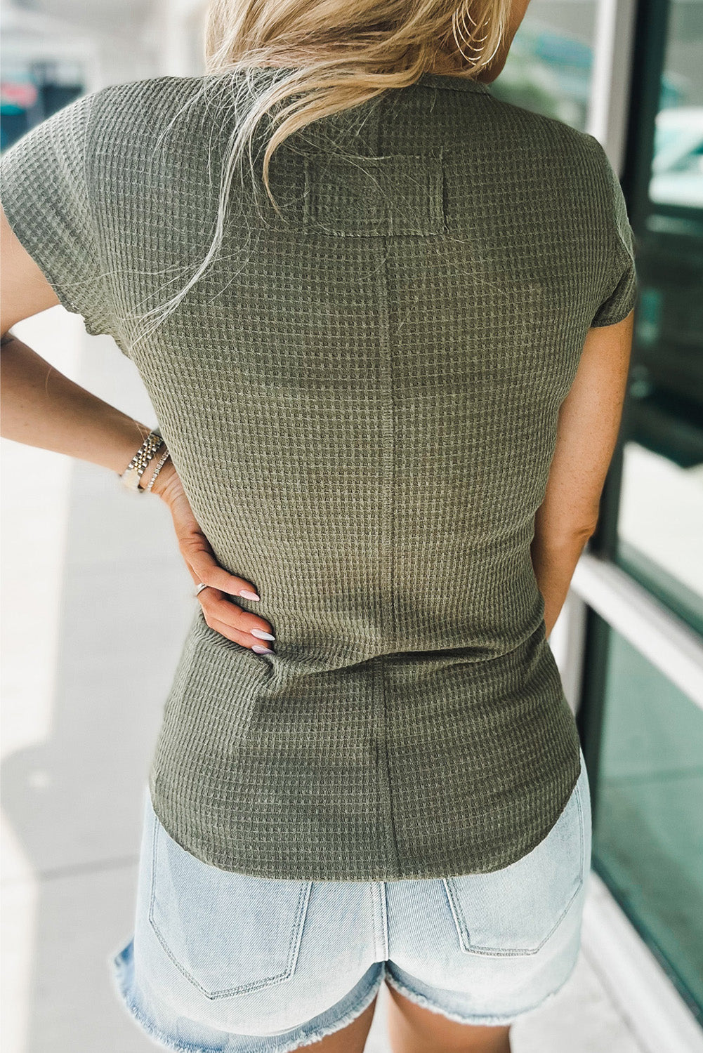 Buttoned U Neck Waffle Knit Short Sleeve T Shirt