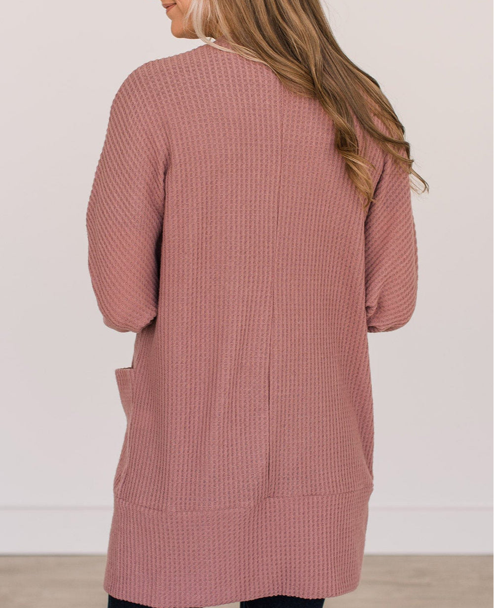 Solid Color Waffle Knit Cardigan with Pocket