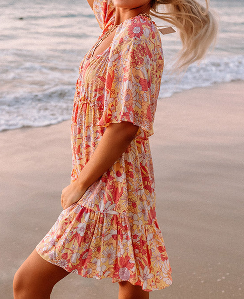 Orange Wide Flutter Sleeve Floral Dress