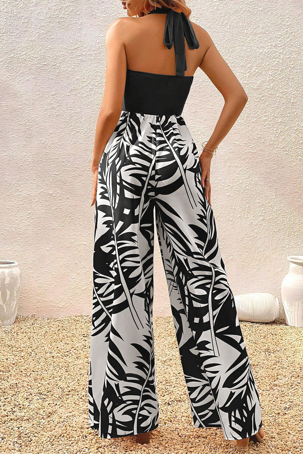 Halter Tropical Plant Print Wide Leg Jumpsuit