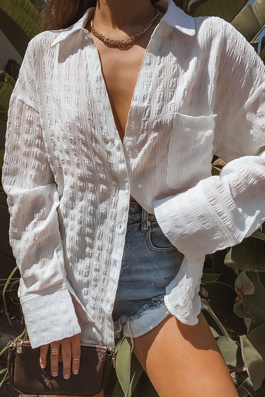 White Crinkled Plaid Textured Shirt