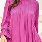Shirred Button Keyhole Back Flounce Sleeve Blouse