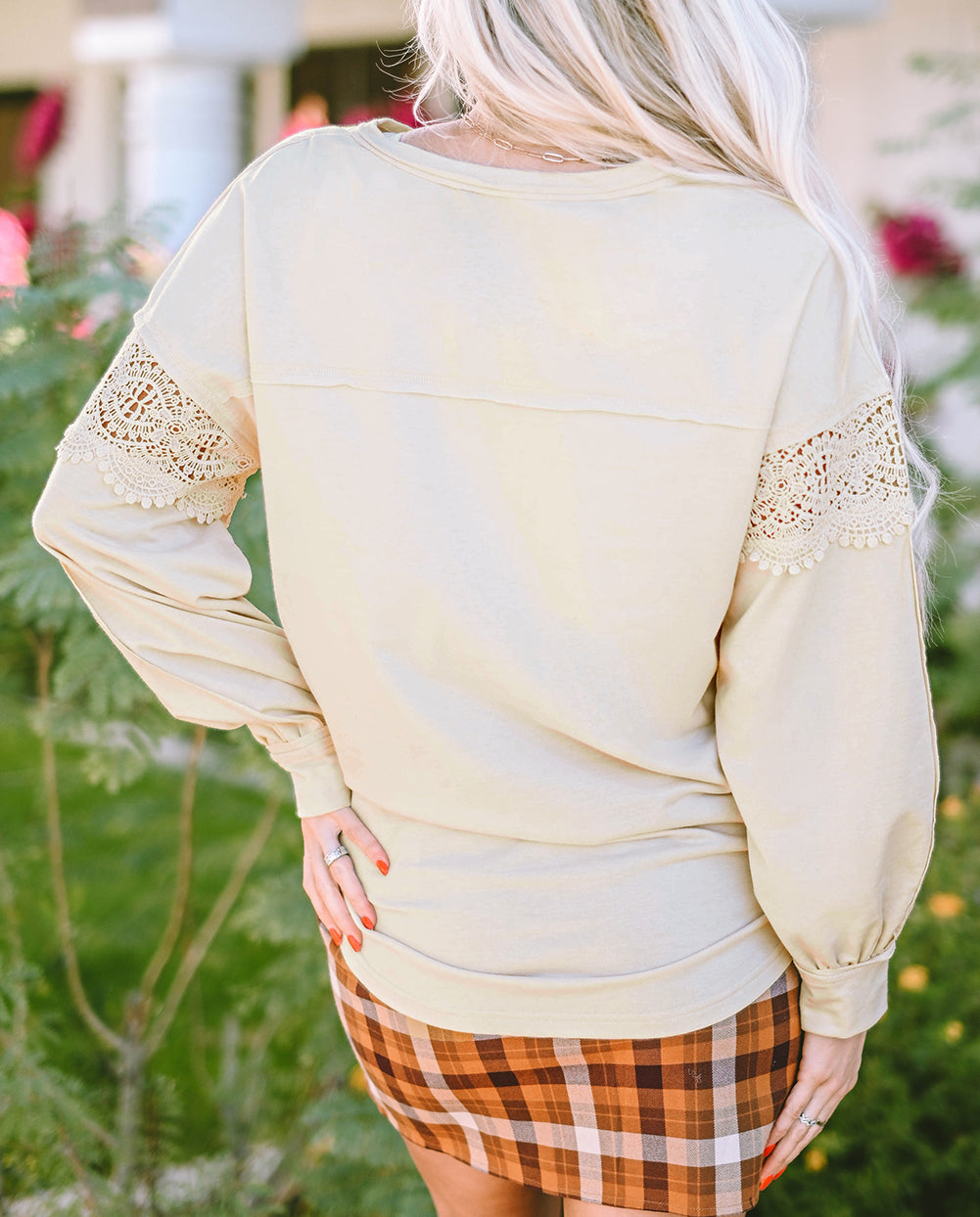 Notched Neck Crochet Insert Round Hem Sweatshirt