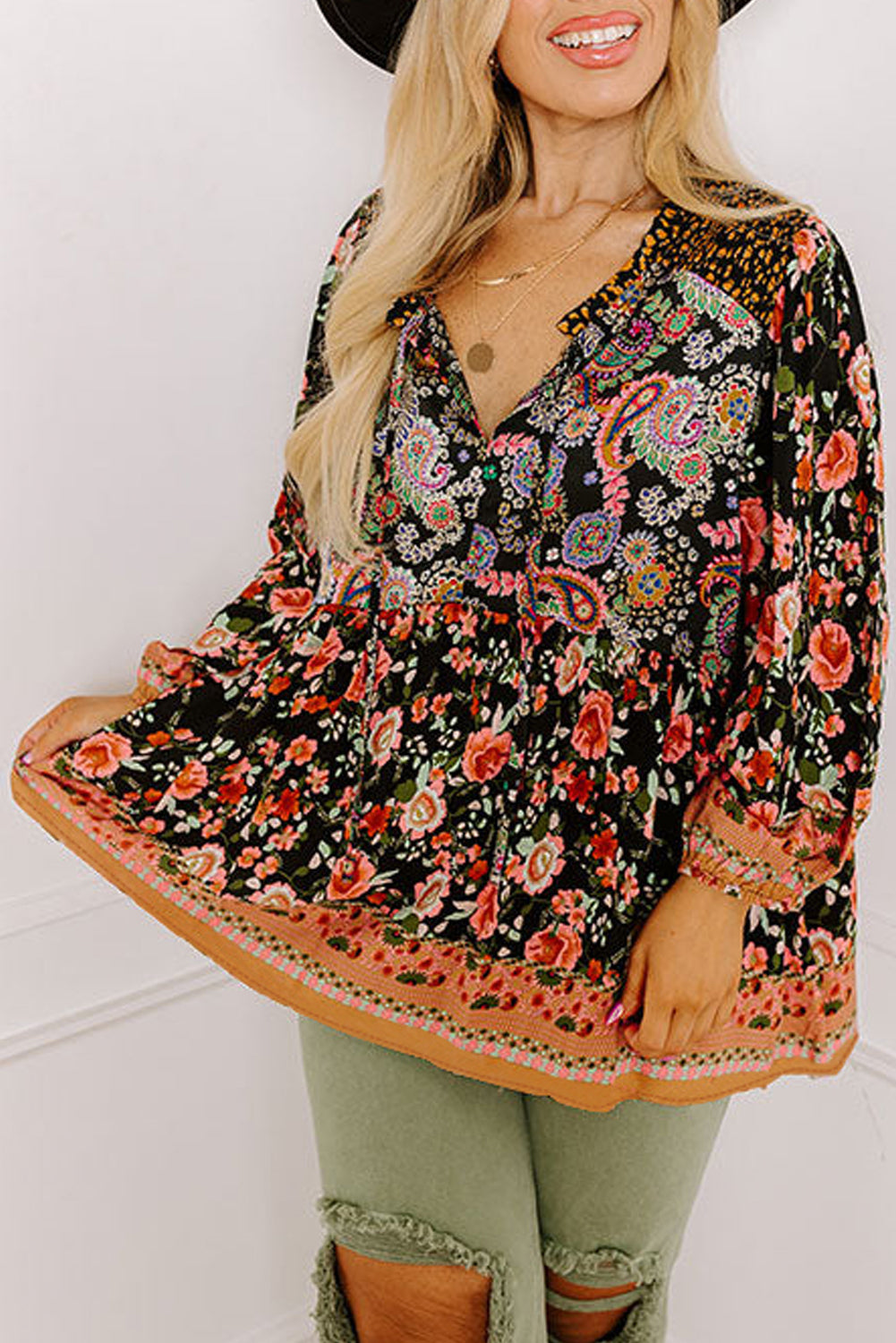 Plus Size Paisley Floral Print V Neck Bubble Sleeve Blouse