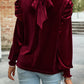 Mock Neck Puff Sleeve Velvet Blouse