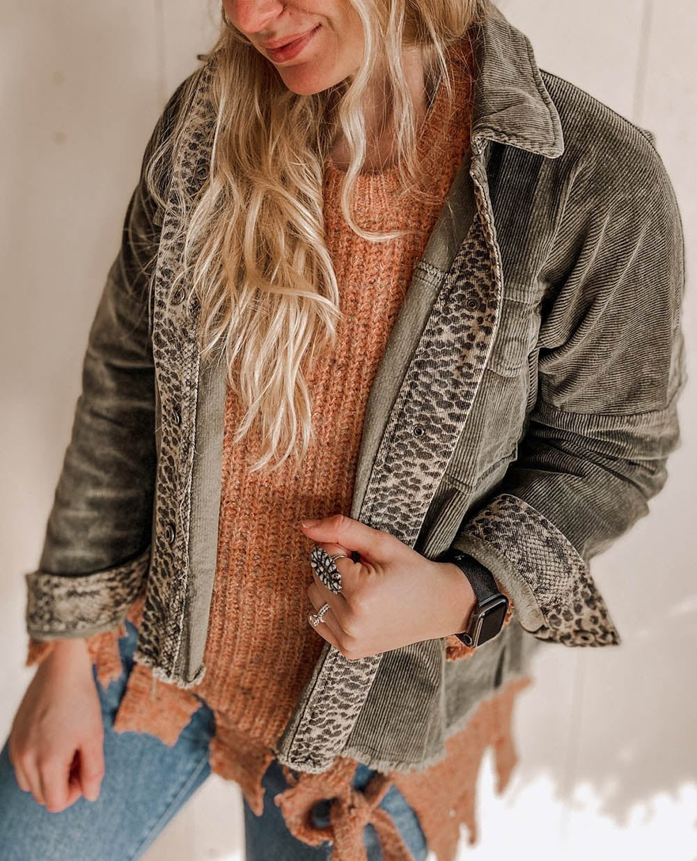 Contrast Snakeskin Printed Pocketed Corduroy Jacket
