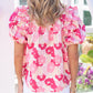 Split Neck Ruffled Puff Sleeves Floral Top