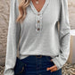 Frilly Notched Neck Button Detail Long Sleeve Top