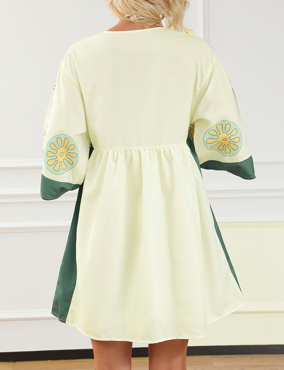 Boho Print V Neck Empire Waist Short Kimono Dress