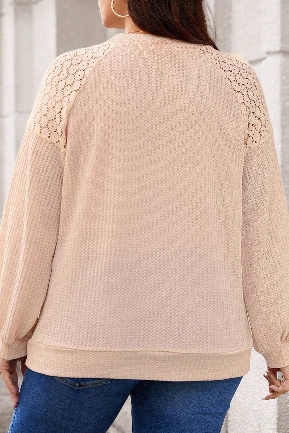 Plus Size Lace Patchwork Buttons Waffle Knit Top