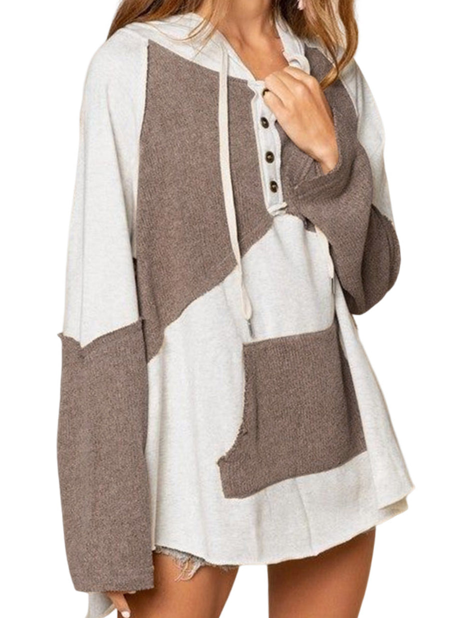 Colorblock Kangaroo Pocket Buttons Pullover Hoodie