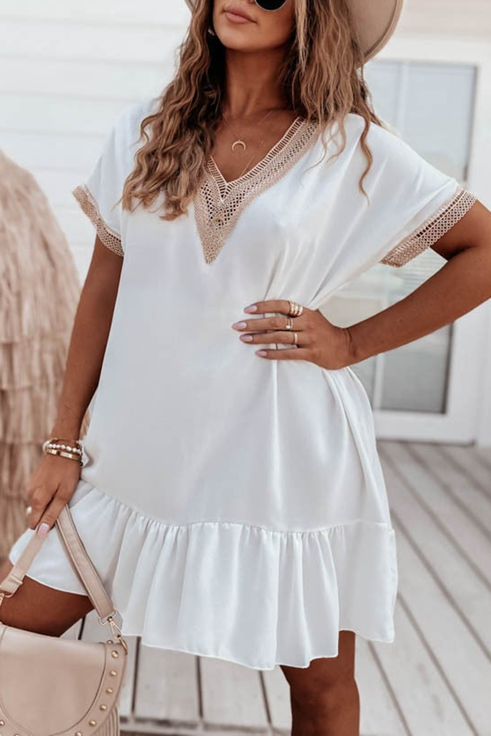 Lace Trim Short Sleeve Ruffled Mini Dress