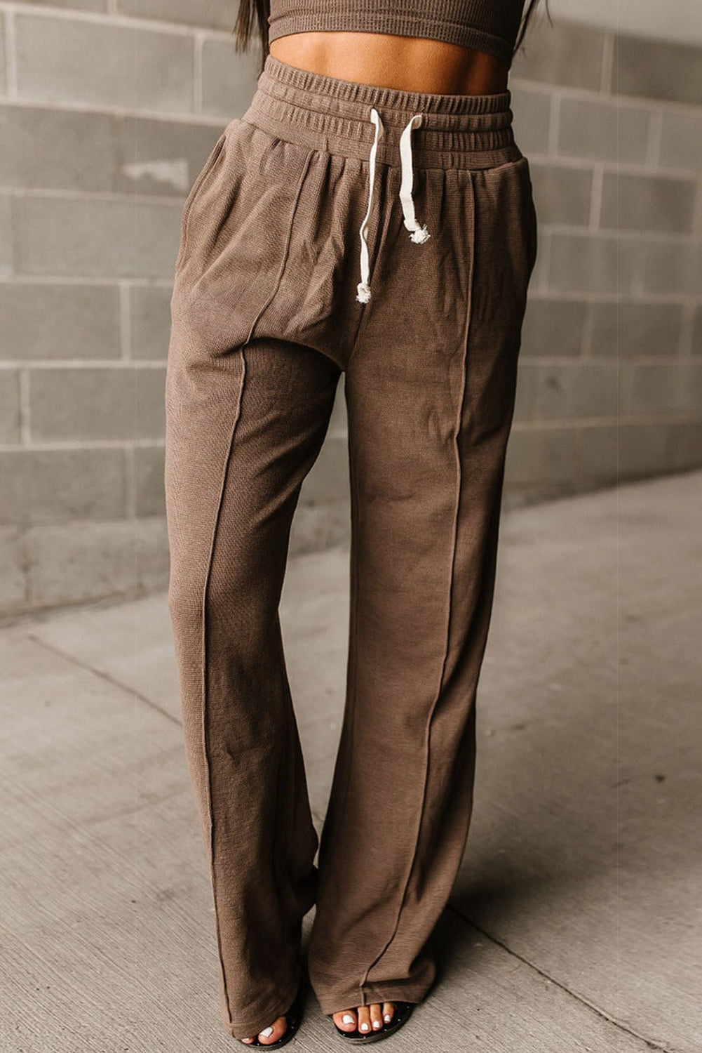 Drawstring High Waist Wide Leg Waffle Knit Pants