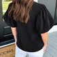 Solid Textured Puff Sleeve Mock Neck Blouse