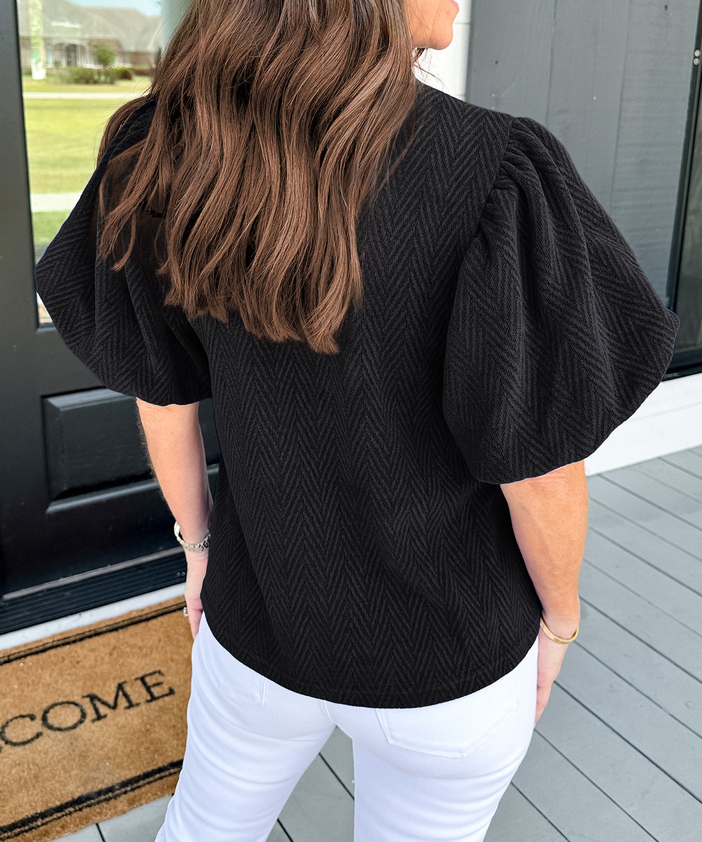 Solid Textured Puff Sleeve Mock Neck Blouse